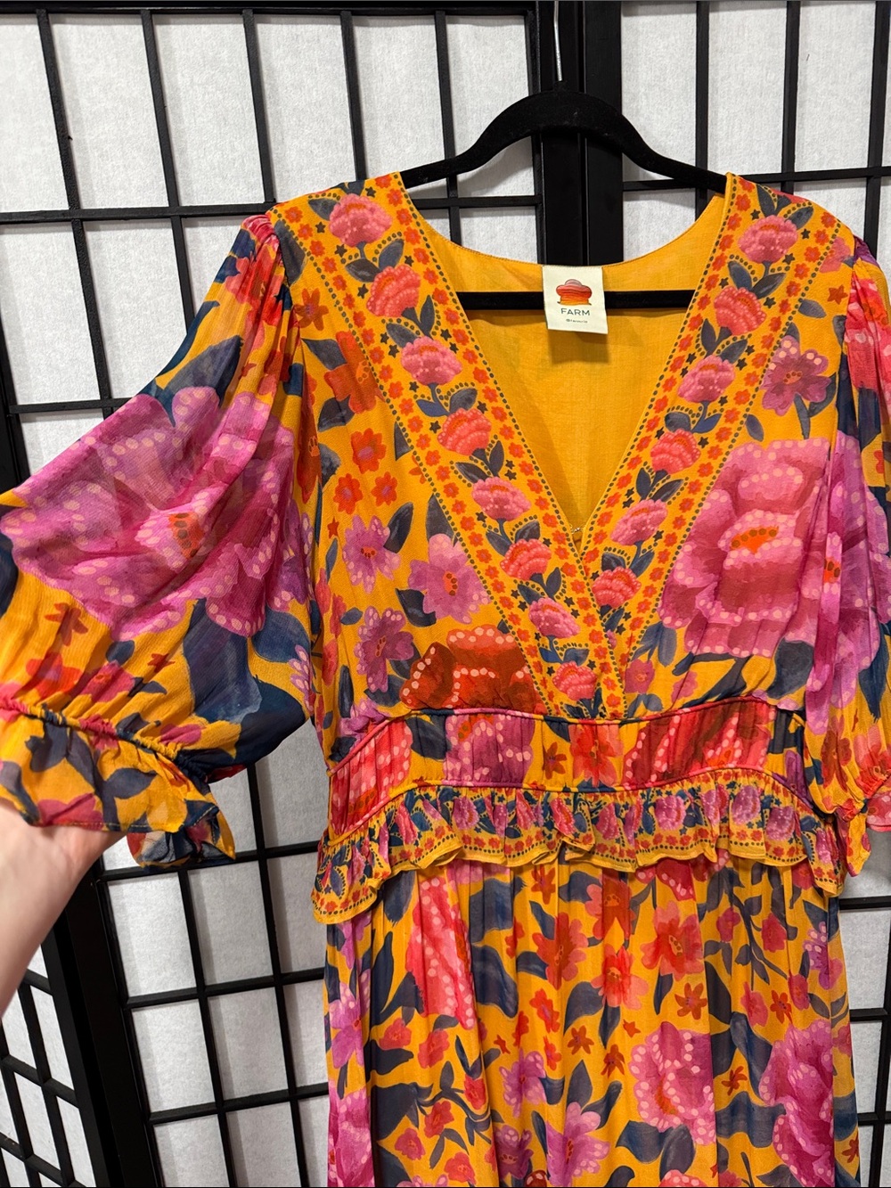 FARM Rio Ruffled Floral Print Georgette Maxi Dress Marigold XL NWOT - Picture 9 of 16